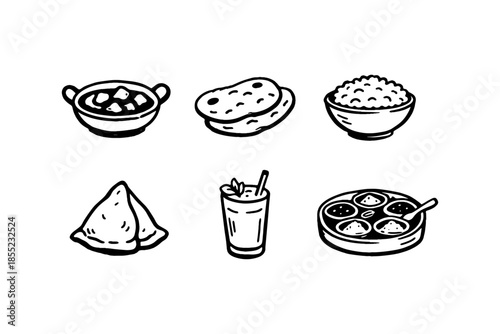 Hand drawn indian cuisine icons: curry, flatbread, rice, samosa, juice, dhokla