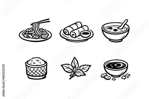 Black and white asian cuisine icons: noodles, spring rolls, soup, rice, herbs, tea