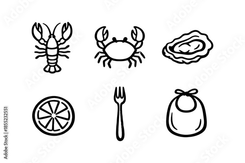Seafood silhouette icons featuring lobster, crab, and oyster with lemon slice, fork, and bib
