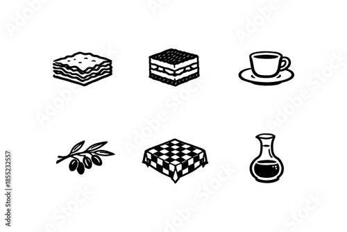 Traditional italian cuisine icons: tiramisu, espresso, olive branch, cheese board, oil flask