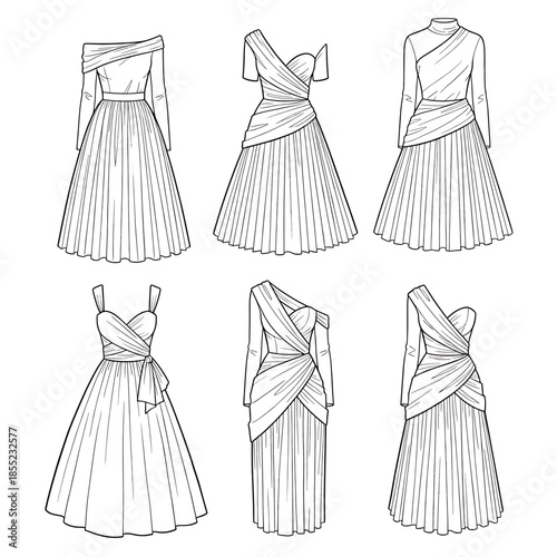 Elegant evening gown designs with asymmetric styles Vector