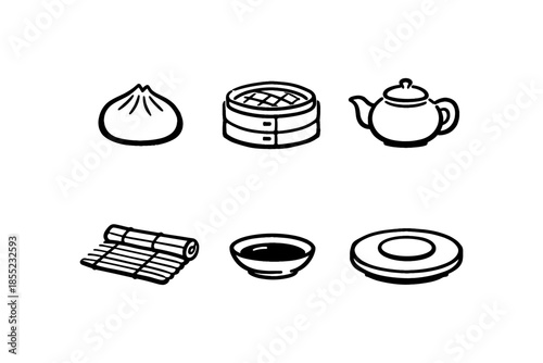Asian cuisine icons: dumpling, steamer, teapot, sushi mat, bowl, plate