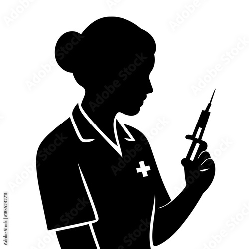 Vector silhouettes of silhouette of nurse holding syringe for injection or vaccination