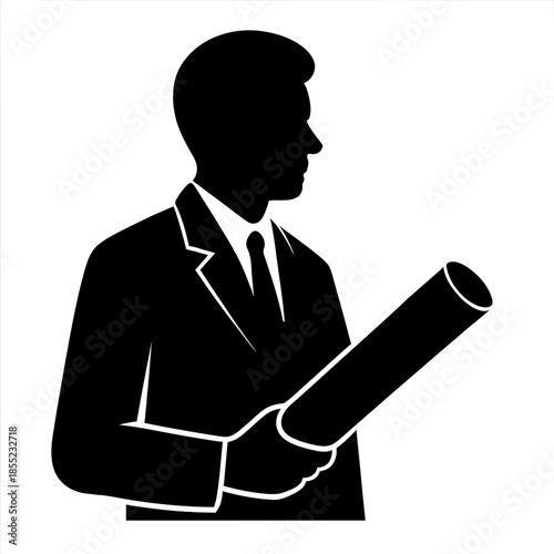 Vector silhouettes of silhouette of businessman or architect holding rolled up blueprints or documents