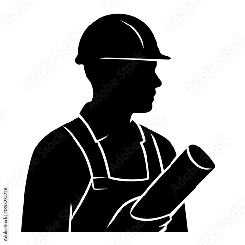 Vector silhouettes of silhouette of construction worker in hard hat holding blueprints or rolled plans