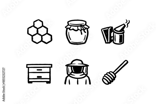 Beekeeping elements in hand-drawn style: honey jar, beehive, honeycomb, smoker, beekeeper