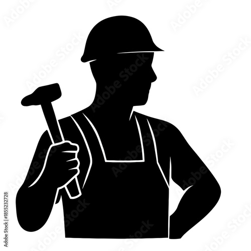 Vector silhouettes of silhouette of a construction worker or builder holding a hammer