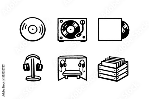 Vintage music icons: vinyl records, turntable, headphones, listening booth, record crate