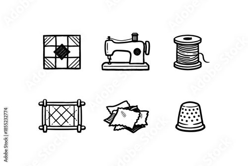 Hand drawn sewing icons: tools and materials for quilting and crafting