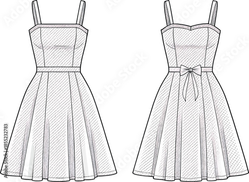 Elegant strapless dress with bow and full skirt Vector