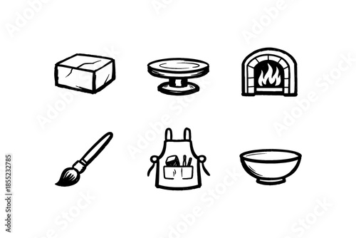 Artisan pottery tools set: brush, apron, kiln, wheel, clay block, bowl icons