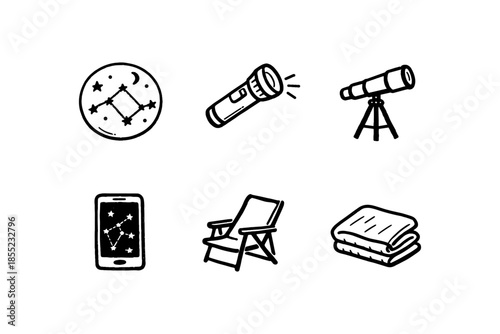 Astronomy icons: constellations, telescope, flashlight, stargazing essentials in hand-drawn style