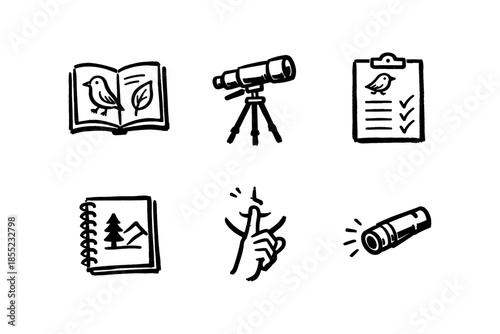 Nature exploration icons: hand-drawn adventure symbols for journaling and birdwatching