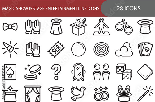 Magic show and stage entertainment icon set. Containing top hat, magic wand, playing cards, rabbit, dove, handcuffs, and more.