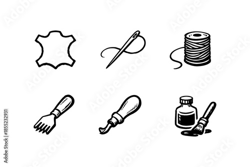 Hand drawn leather crafting tools and materials set for diy projects