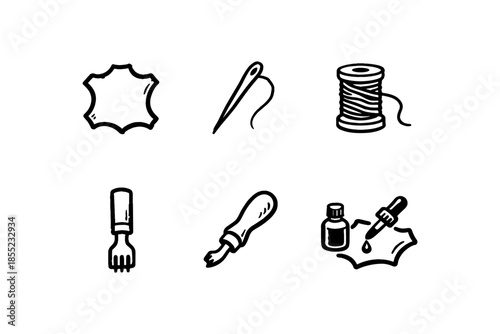 Hand-drawn leather crafting icons featuring tools and materials