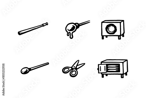 Simple black and white household icons including bat, paintbrush, safe, spoon, scissors, and microwave