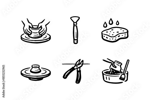 Handcrafted pottery tools collection: black and white line icons for ceramic enthusiasts