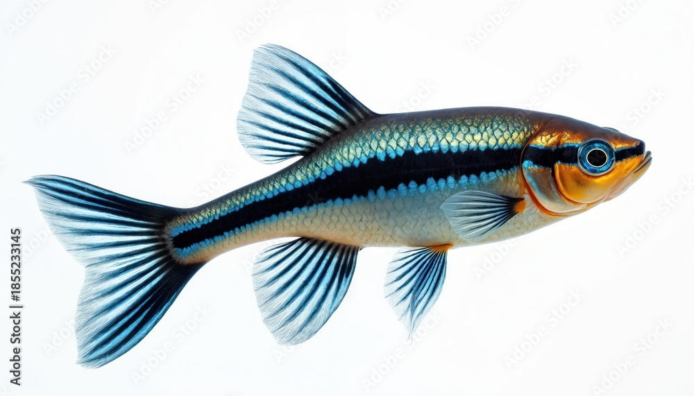 Obraz premium One small freshwater fish with blue and black stripes swims against a white background. This aquarium dweller displays vibrant colors and fins. Its body is slender and scales are visible.