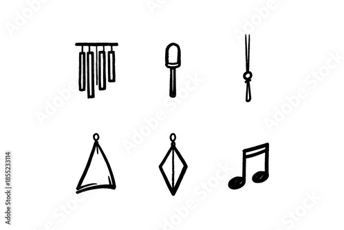 Hand drawn musical instrument icons: wind chime, maraca, triangle, note, diamond