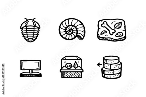 Hand-drawn fossil and technology icons with prehistoric elements