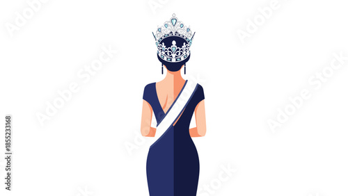 Elegant back view of a beauty pageant queen wearing a dazzling crown and a ceremonial sash, symbolizing triumph, beauty, and achievement.