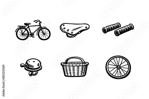 Vintage bicycle accessories set: hand drawn icons of bike, seat, bell, basket, grips, wheel