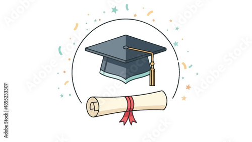 Graduation cap and rolled diploma certificate with confetti celebrate academic achievement.