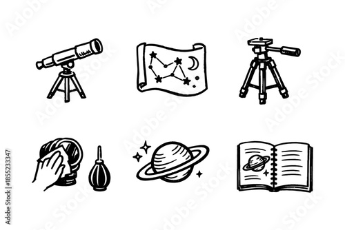 Astronomy tools and celestial objects: telescope, constellations, and planets in hand-drawn style