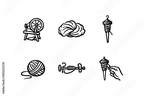 Hand-drawn wool and yarn spinning icons for crafting and diy projects