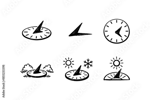 Hand drawn sun dials with seasonal variations in sketch style