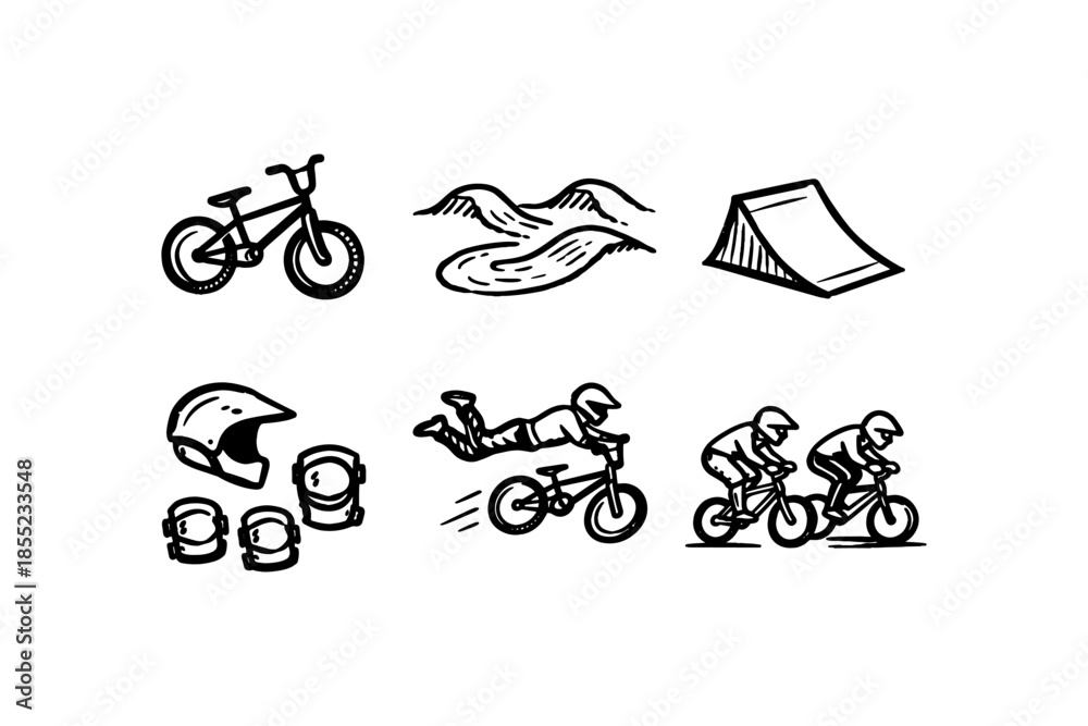 Obraz premium Bmx adventure: line art icons of extreme cycling and gear