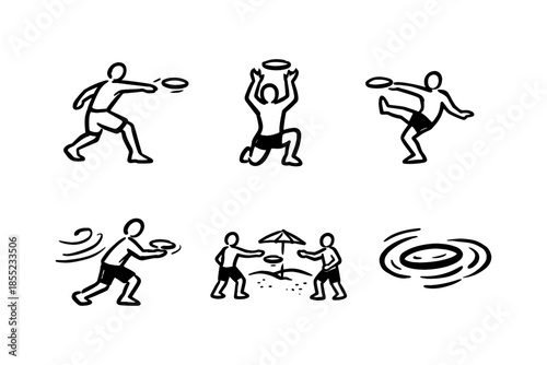 Active stick figures playing frisbee in dynamic pose set
