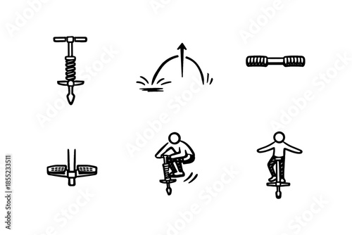 Pogo stick icons set: linear style with dynamic jumping figures and equipment