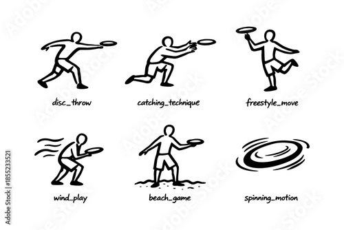 Dynamic disc actions: players display frisbee skills in bold outline style