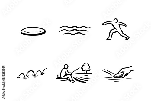 Skipping stones and outdoor activities in simplistic hand-drawn style