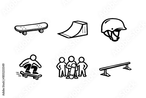 Skateboarding essentials: icons of skateboard, helmet, ramp, rail, skaters in black and white