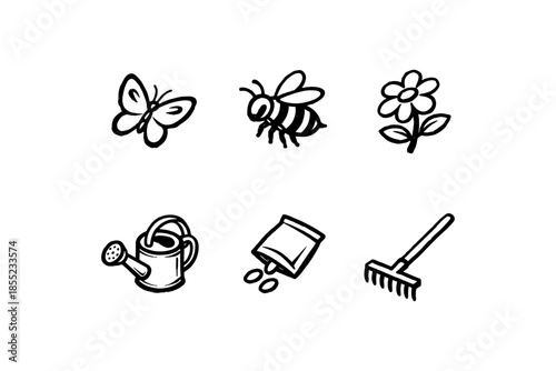 Gardening icons: nature, insects, and tools in a hand-drawn style
