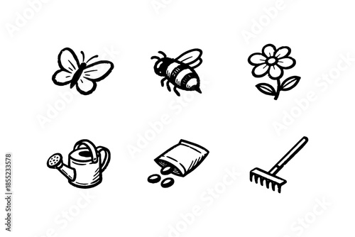 Hand drawn garden icons: butterfly, bee, and planting tools set