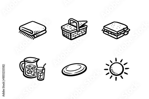 Hand drawn picnic essentials: blanket, basket, sandwich, lemonade, frisbee, sun
