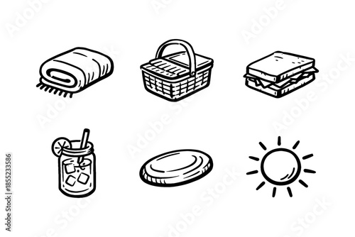 Hand-drawn picnic elements with sandwich, blanket, and sun
