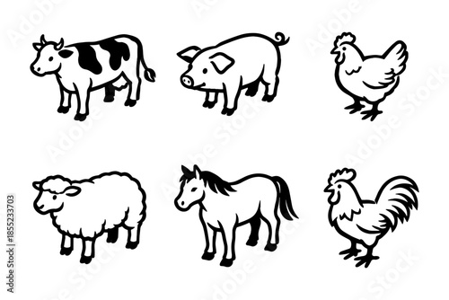 Farm animals outline: cow, pig, chicken, sheep, horse, rooster in black and white