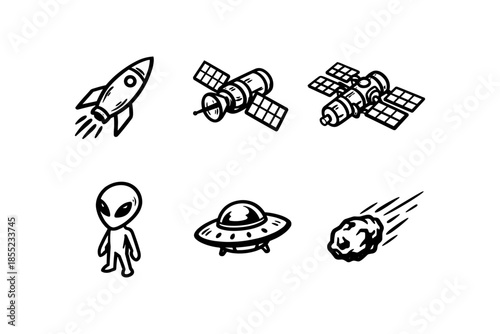 Space exploration icons: rocket, satellite, alien, ufo, comet