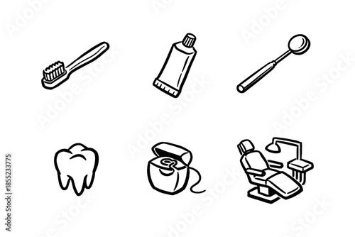 Minimalist dental care icons set featuring toothbrush, toothpaste, dental floss, and chair