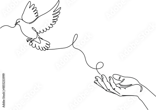 One Continuous Line Drawing of Flying Dove Releasing from Human Hand, Symbol of Freedom and Peace