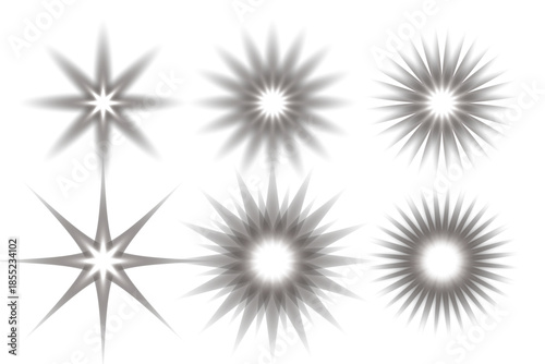 Multiple variants of abstract graphic starburst and light glow effects set, radiating gray and white energy, perfect for design elements vector Illustration on transparent background.