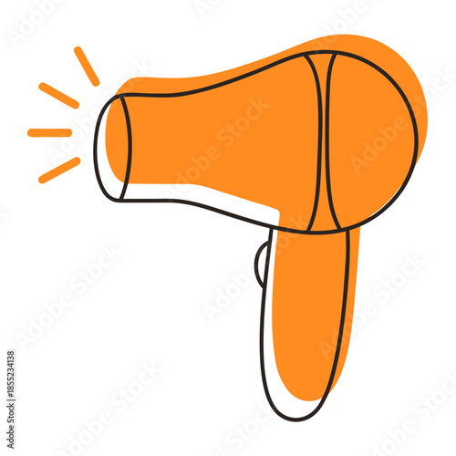 Orange working hairdryer in simple line art style  