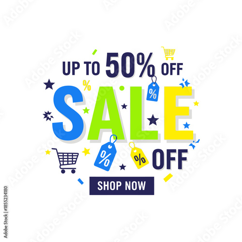 Bright and Vibrant Sale Promotion Poster Highlighting Discounts Up to Fifty Percent