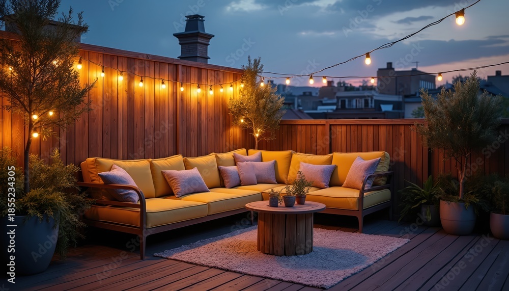Fototapeta premium Cozy rooftop patio with yellow sectional sofa and string lights. Outdoor furniture arranged on wood deck, urban setting at dusk. Relaxing evening ambiance with plants and city view.