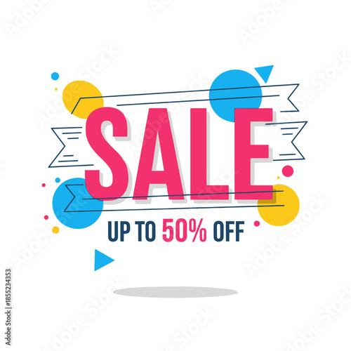 Bright and colorful promotional sale banner emphasizing discounts up to fifty percent off for